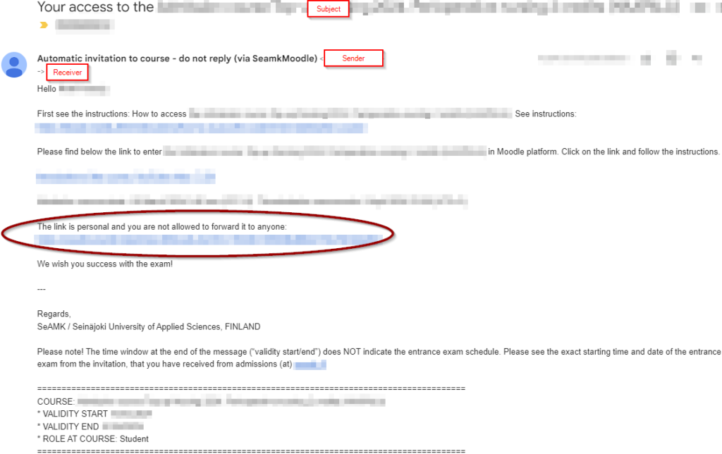 Screenshot of the invitation email with the link circled in red.