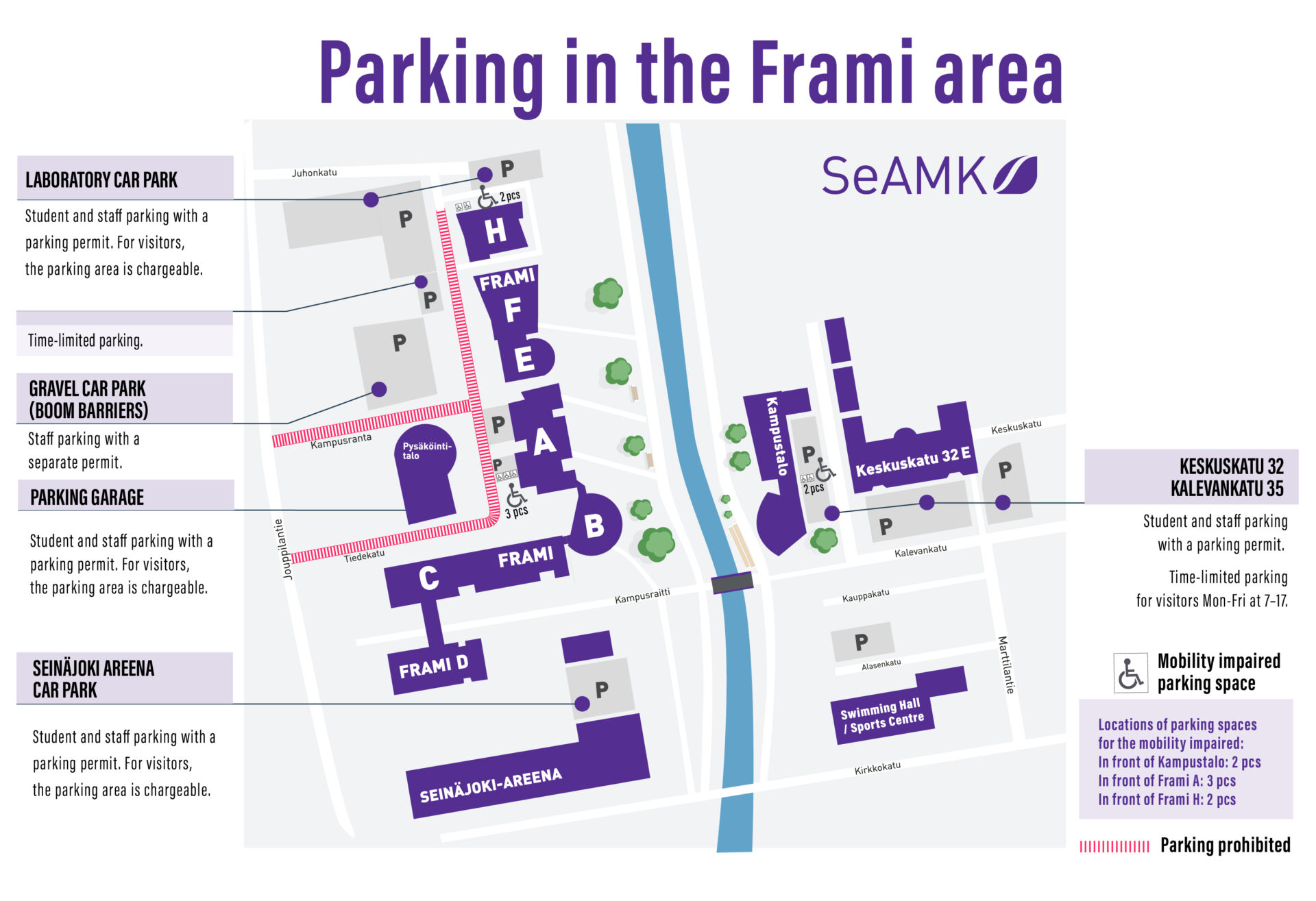 Map of the SeAMK Kampus parking areas.