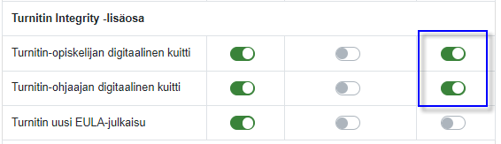 Turnitinin ilmoitusasetukset Moodlessa, josta ne saa tarvittaessa pois päältä.