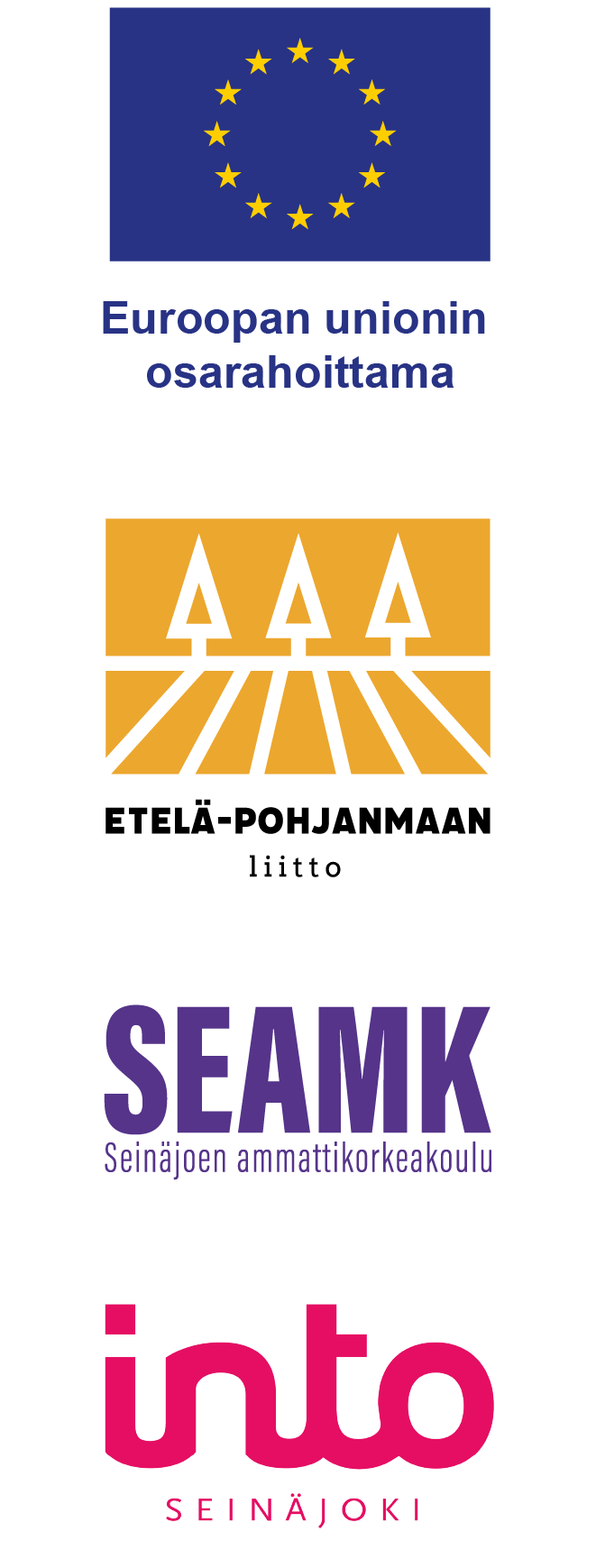 Euroopan unionin osarahoittama, Etelä-Pohjanmaan liiton, Seinäjoen ammattikorkeakoulun ja Into Seinäjoen logot.