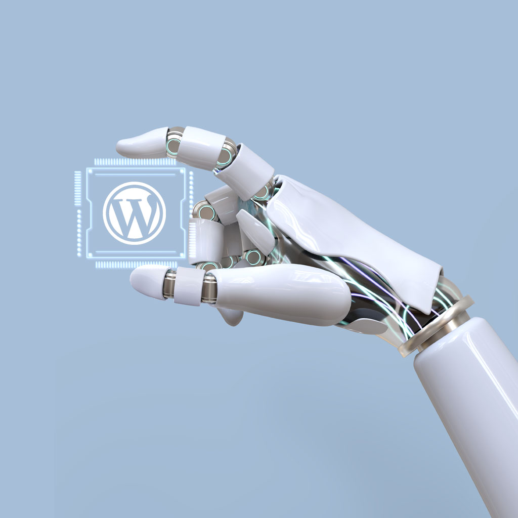 Hand with AI and WordPress sign