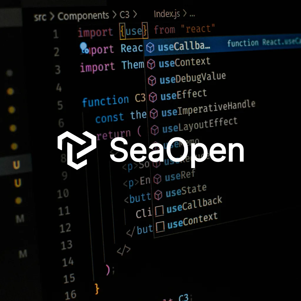 React coding with SeaOpen.com logo