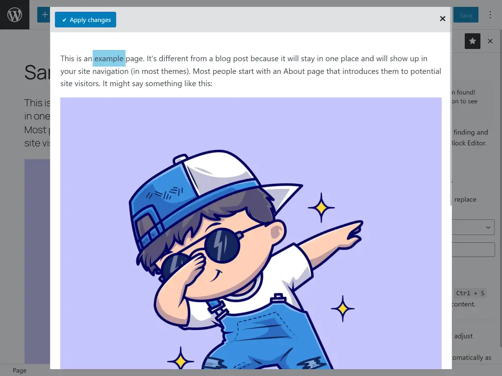 Block editor search and replace feature dry run preview and changes