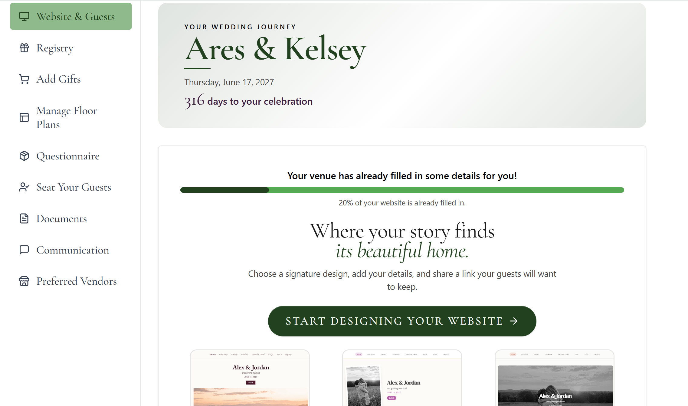 Branded planning portal for couples and event hosts with guest management and planning tools