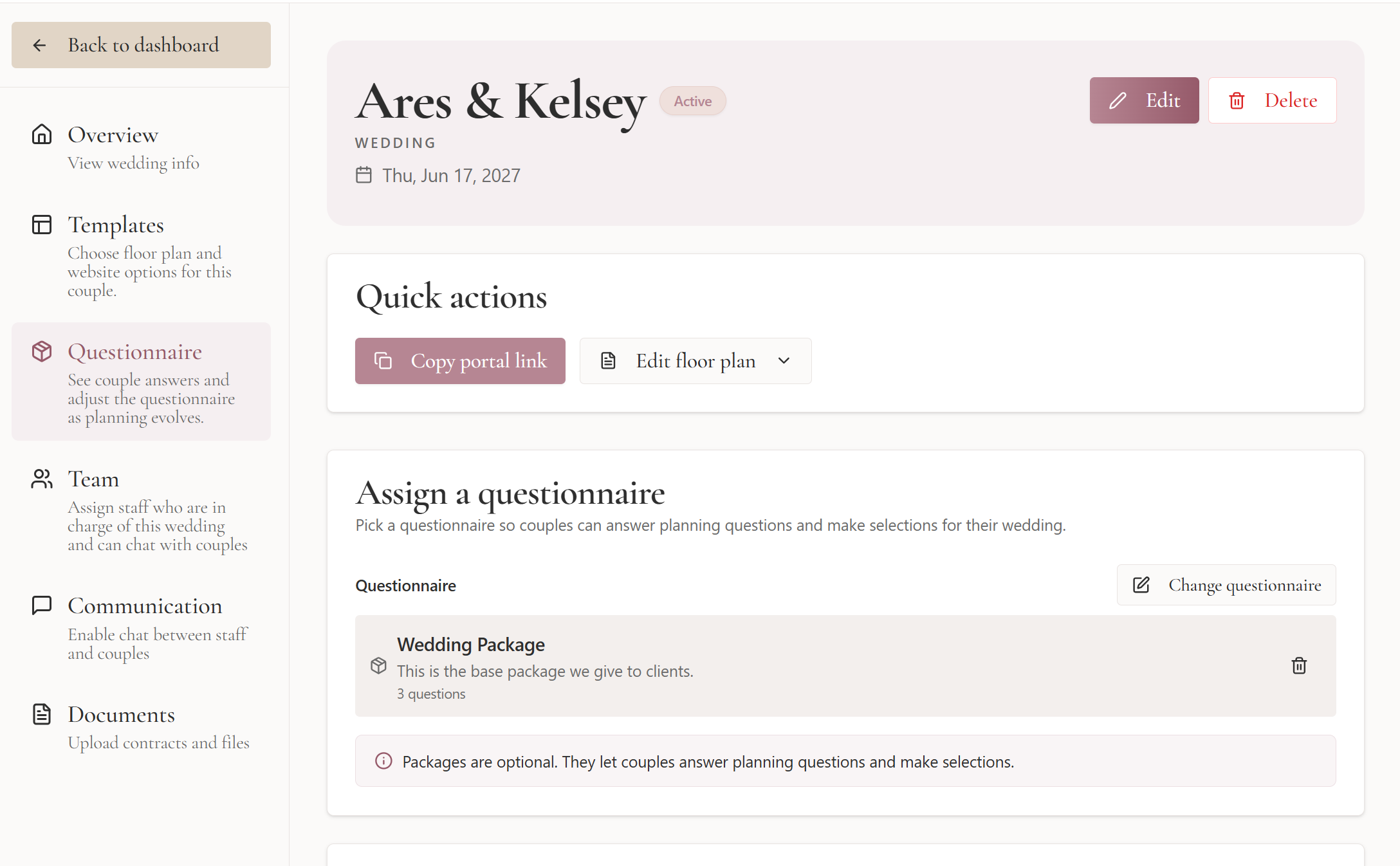 Venue questionnaire page collecting event planning details from a client