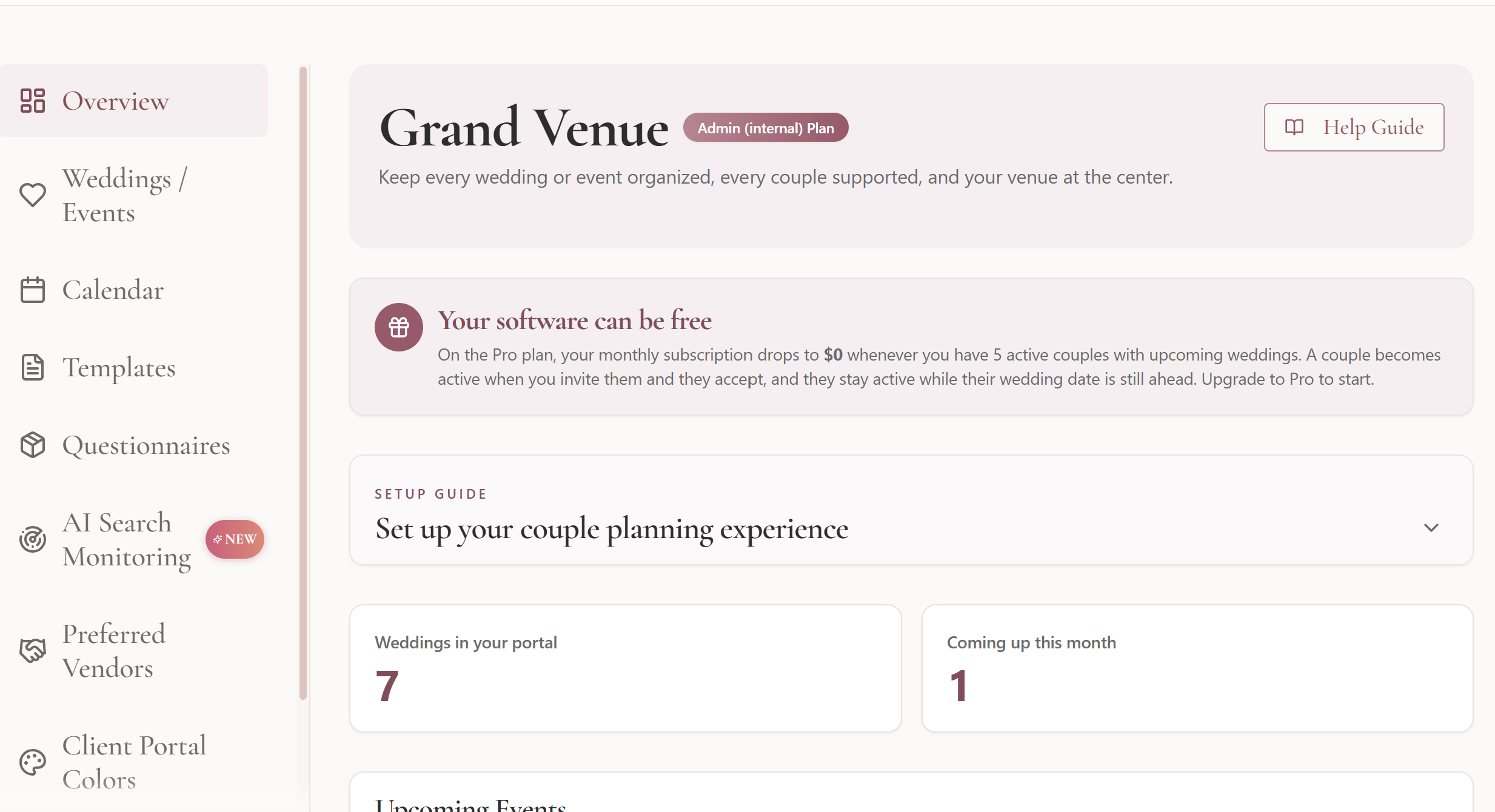 Wedding and event venue management software dashboard for tracking clients, guests, and planning details
