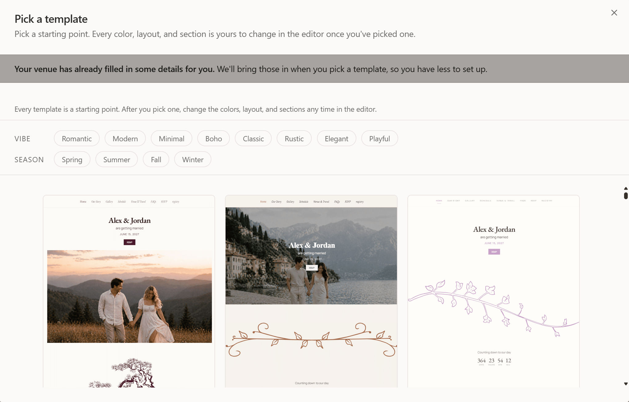 Wedding website builder for venues connected to a couple planning portal