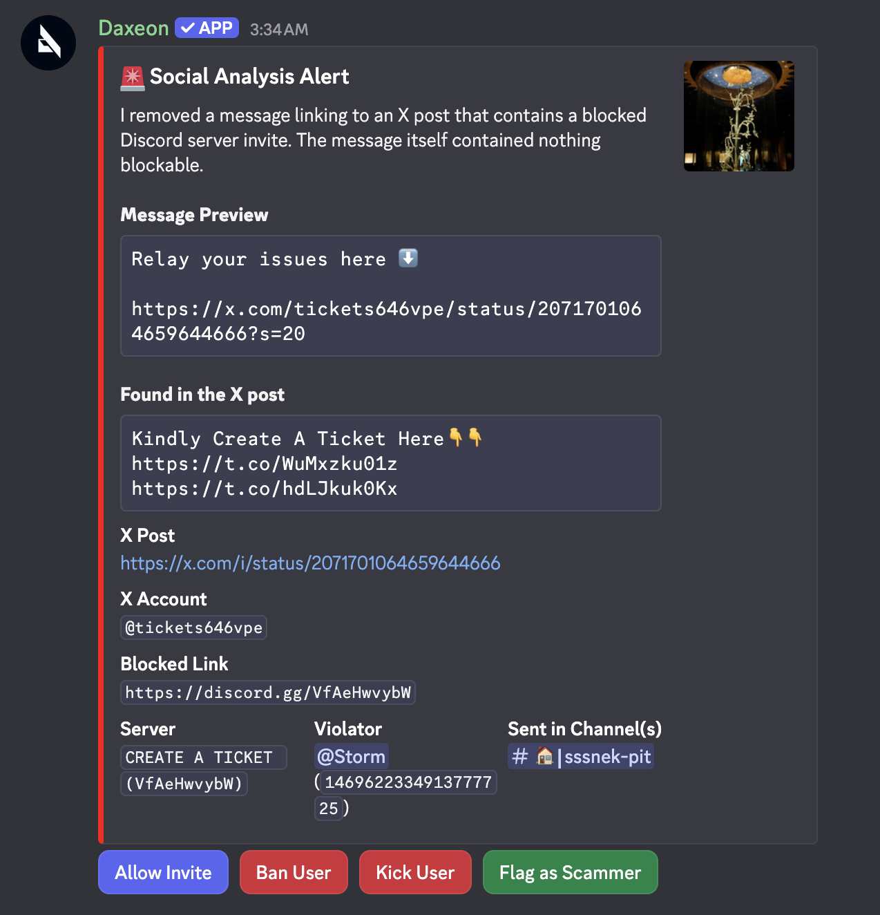 A Daxeon log entry for a deleted scam message, showing the message that caused the removal.