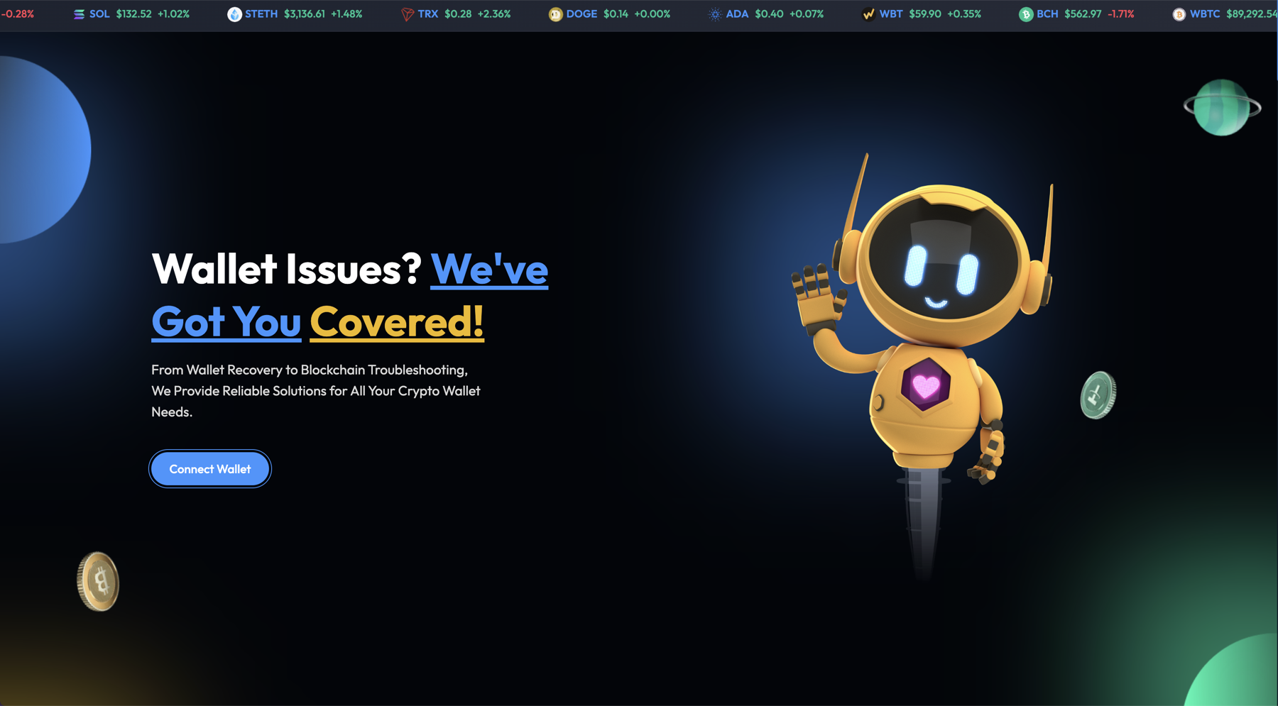 The recovery site. A price ticker, a waving robot, and a Connect Wallet button.