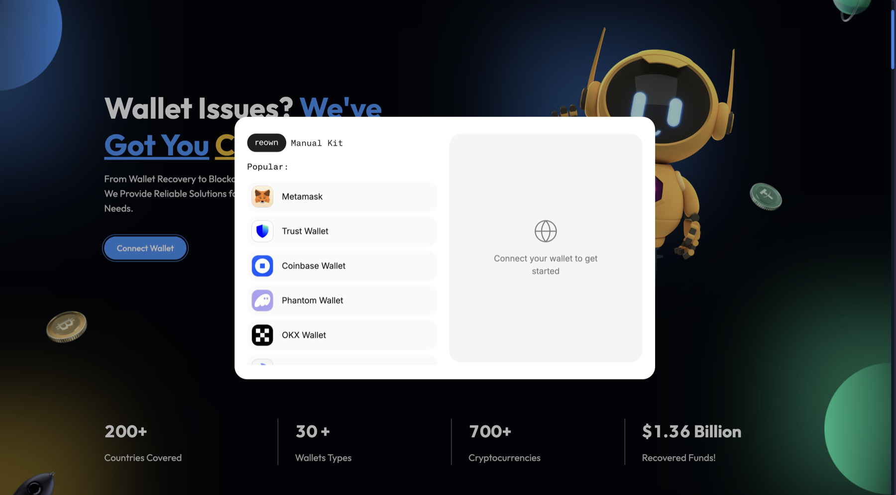The wallet chooser. Every popular wallet across every chain, and a footer claiming $1.36 billion in recovered funds.