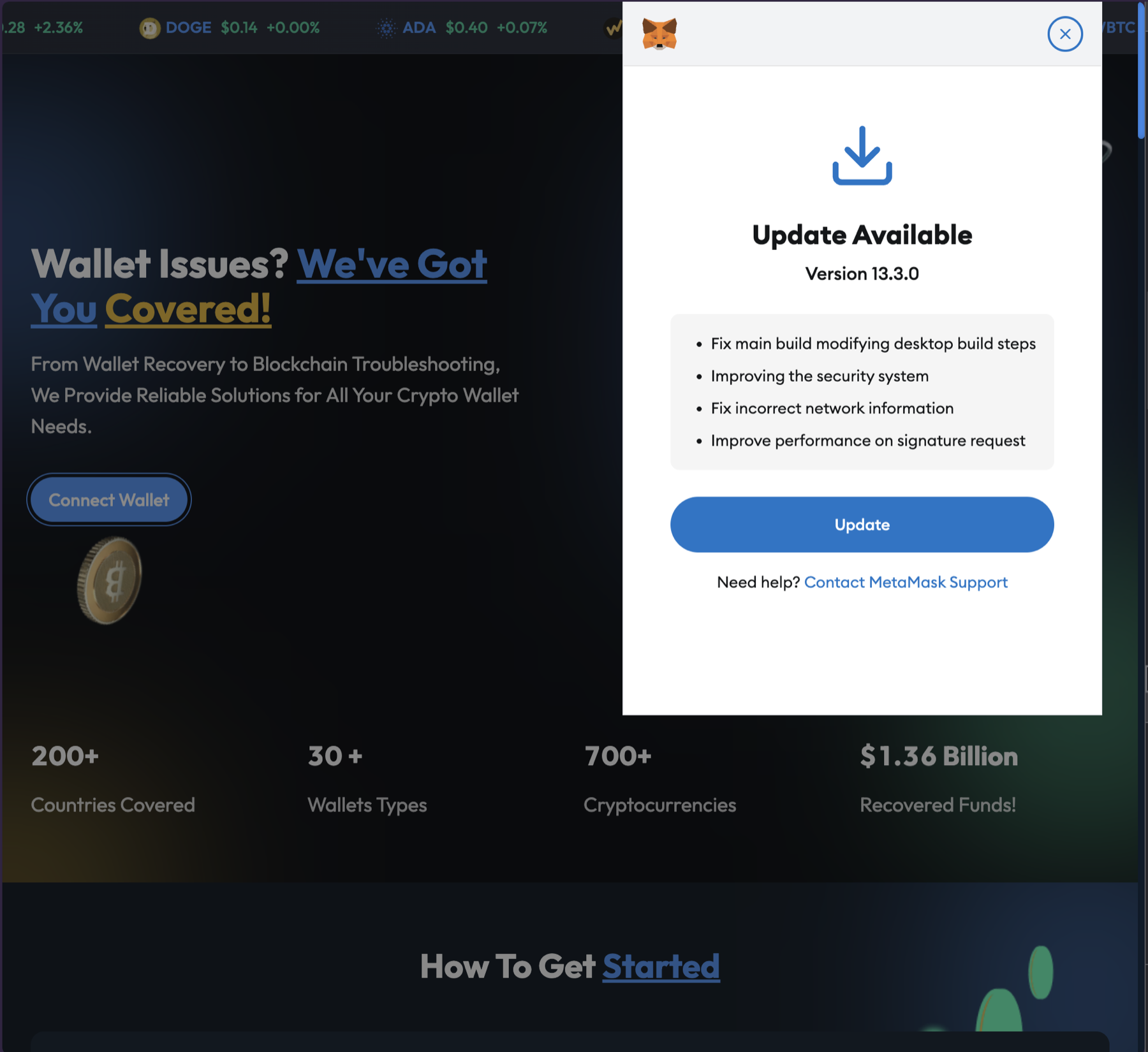 The fake MetaMask window, drawn inside the web page. The Update button leads to the seed phrase prompt.