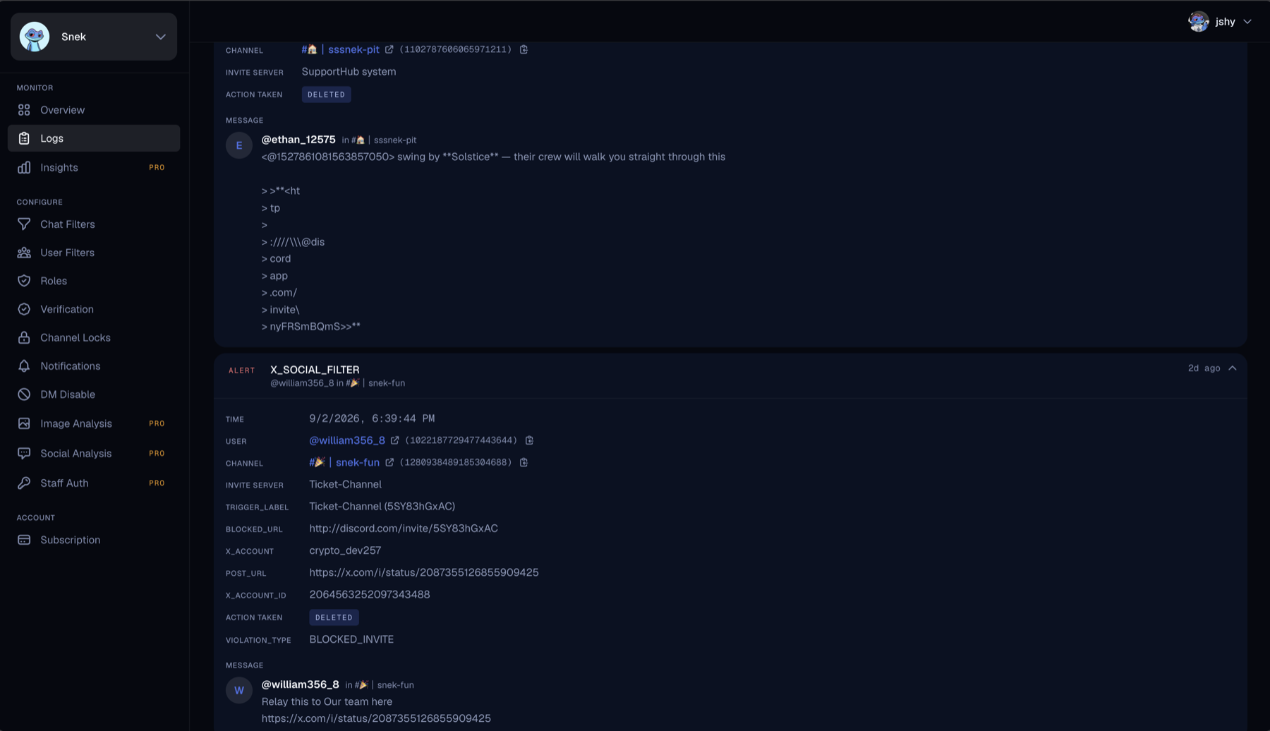 The Daxeon log entry for this campaign. Social Analysis read the linked X post, found the Ticket-Channel invite inside it, and deleted the message.