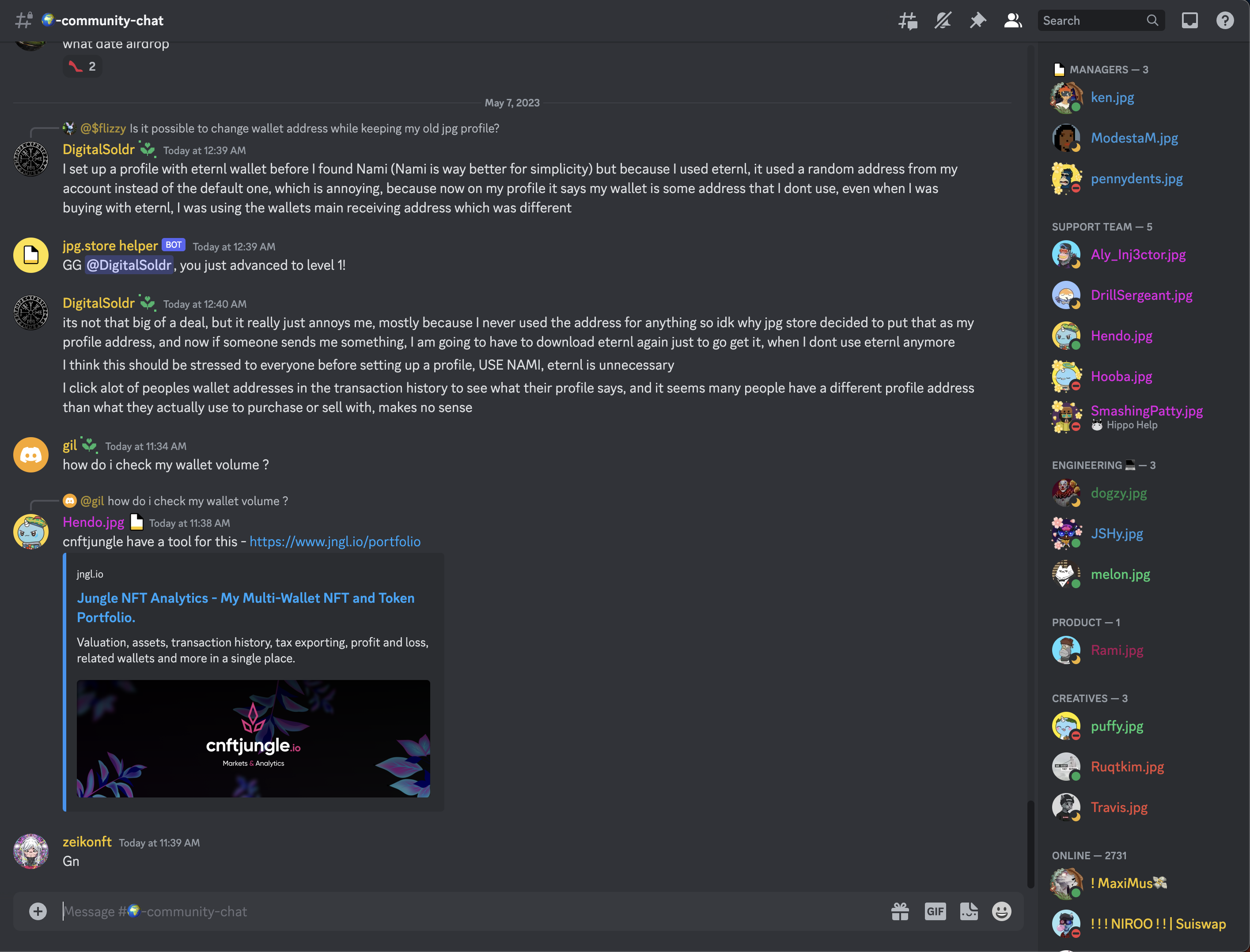 The member list of a channel in the JPG Store Discord. The list shows the usernames of all the members in the channel.