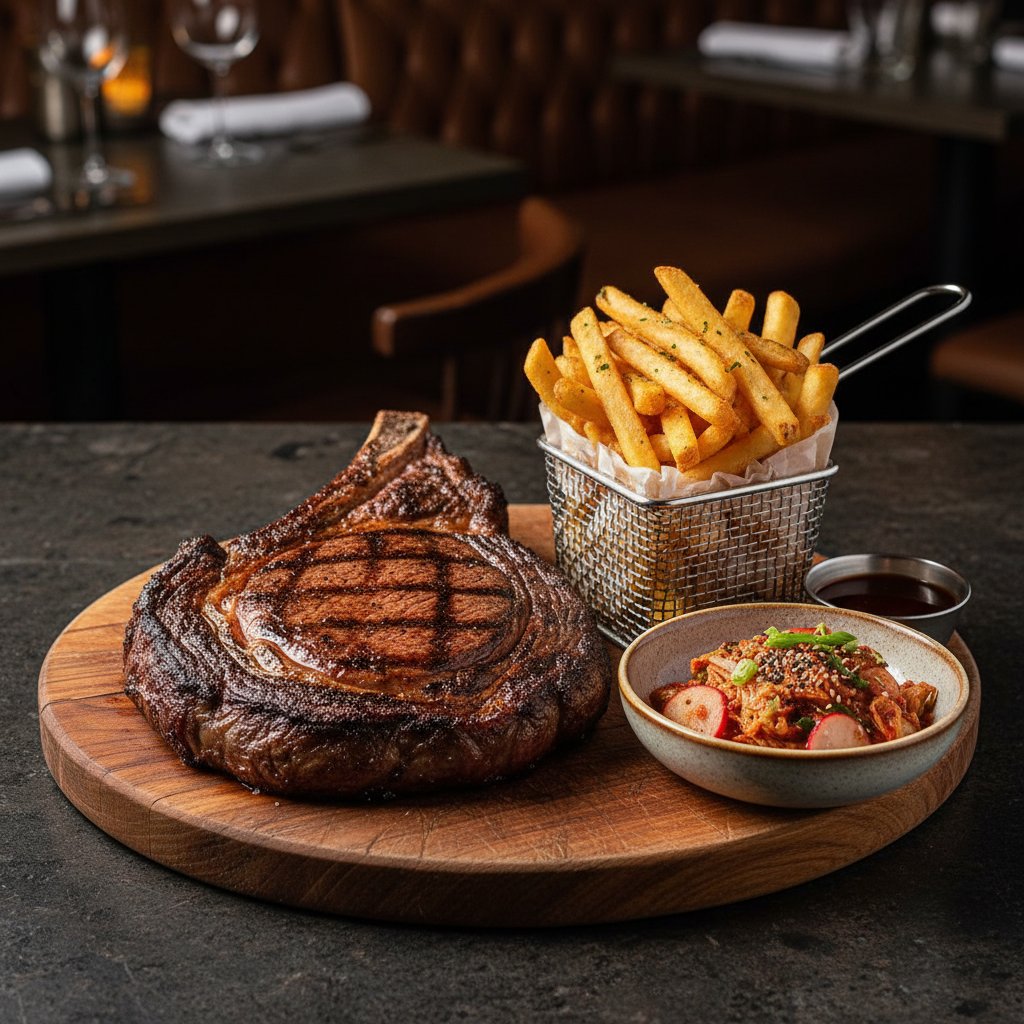 32 oz bone-in ribeye, French fries, kimchi