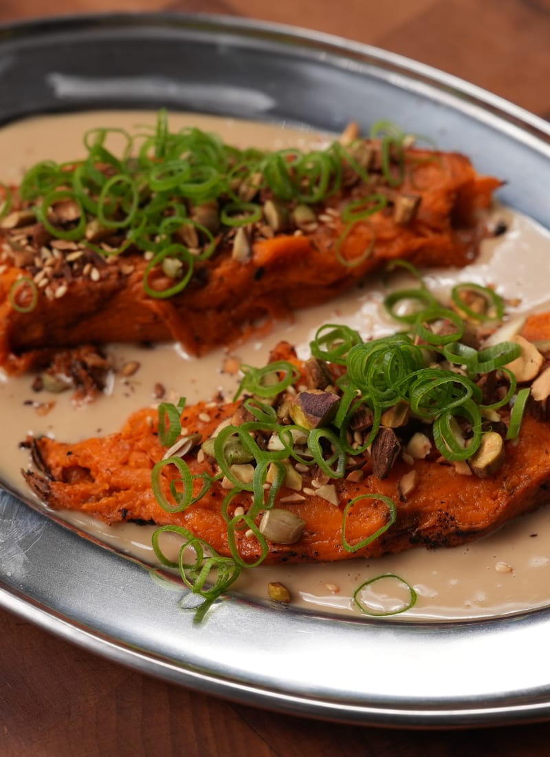 Roasted Sweet Potatoes with Maple Soy Miso Tahini & Sesame Nut Crunch