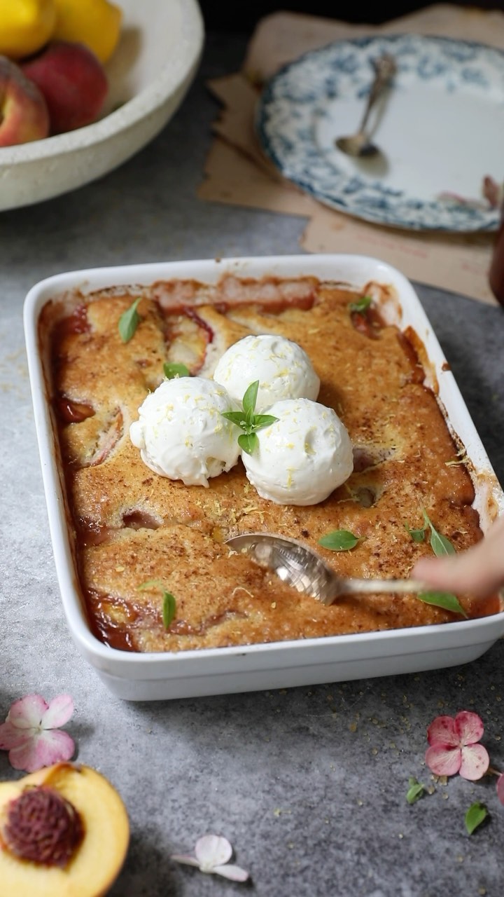 Peach Cobbler with Homemade Cream Cheese Ice Cream