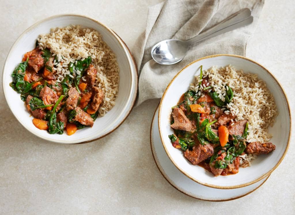 Beef and Tomato Stew with Spinach and Rice