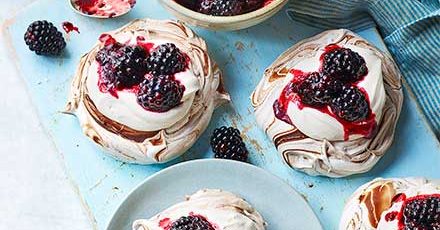Mini dark chocolate, blackberry & bay pavlovas