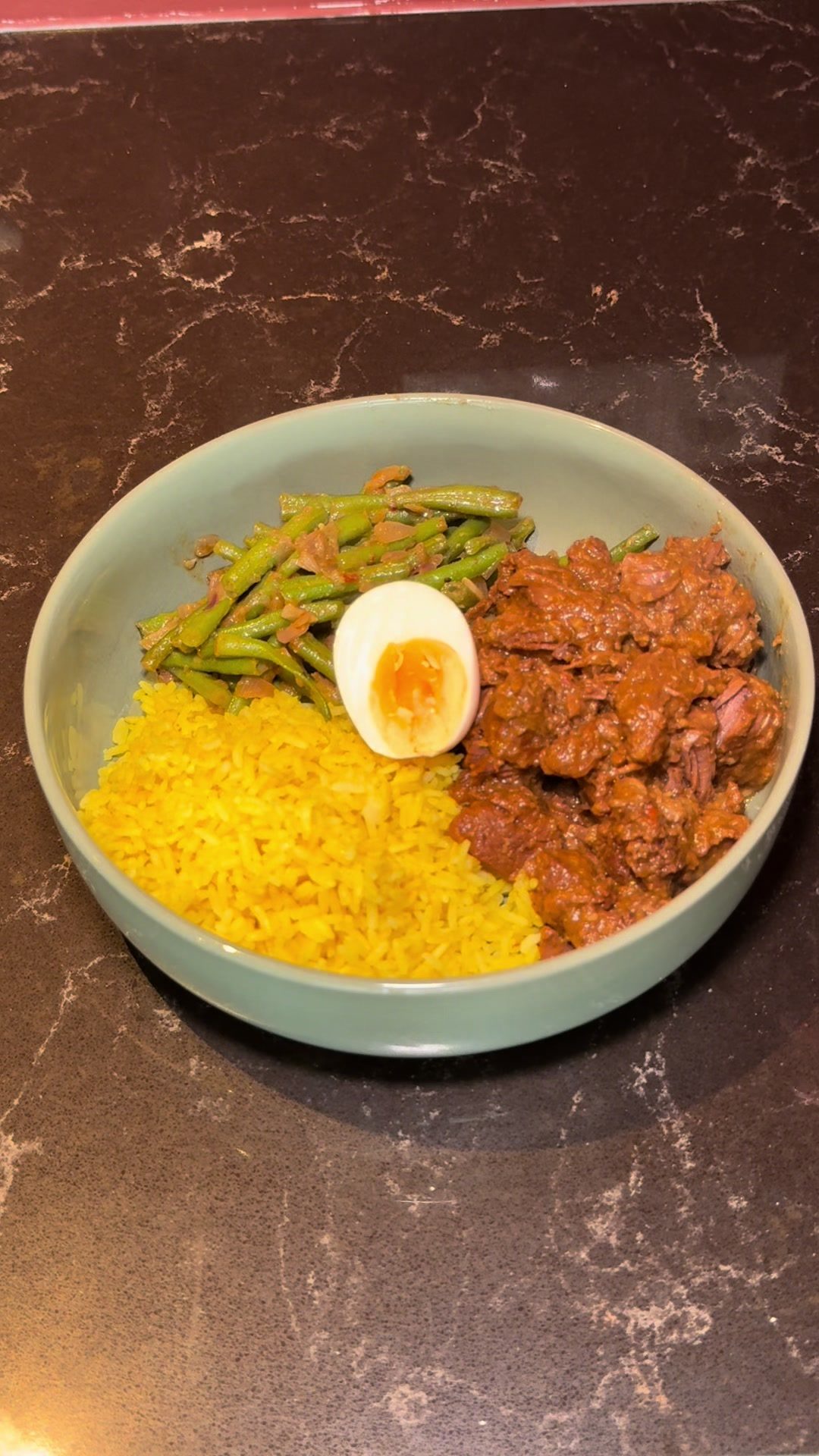 Indonesian Rendang with Nasi Kuning and Sambal Goreng Green Beans