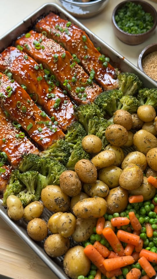 Teriyaki Salmon with Roasted Baby Potatoes and Vegetables
