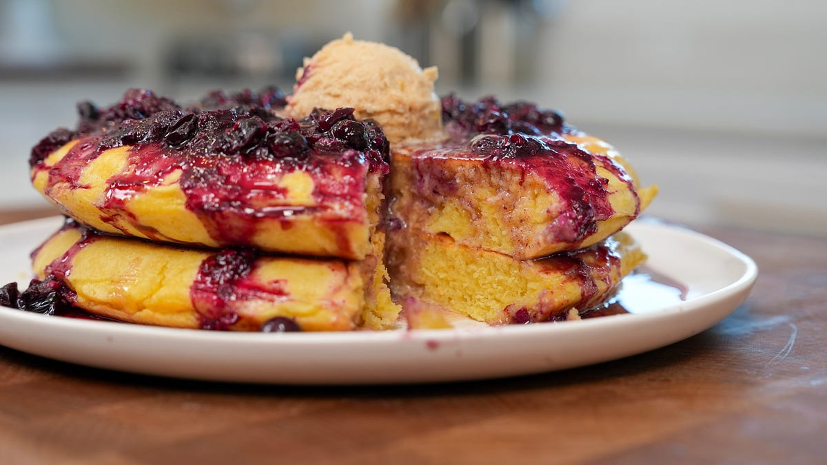 Thick Pancakes with Whipped Maple Butter and Berry Compote
