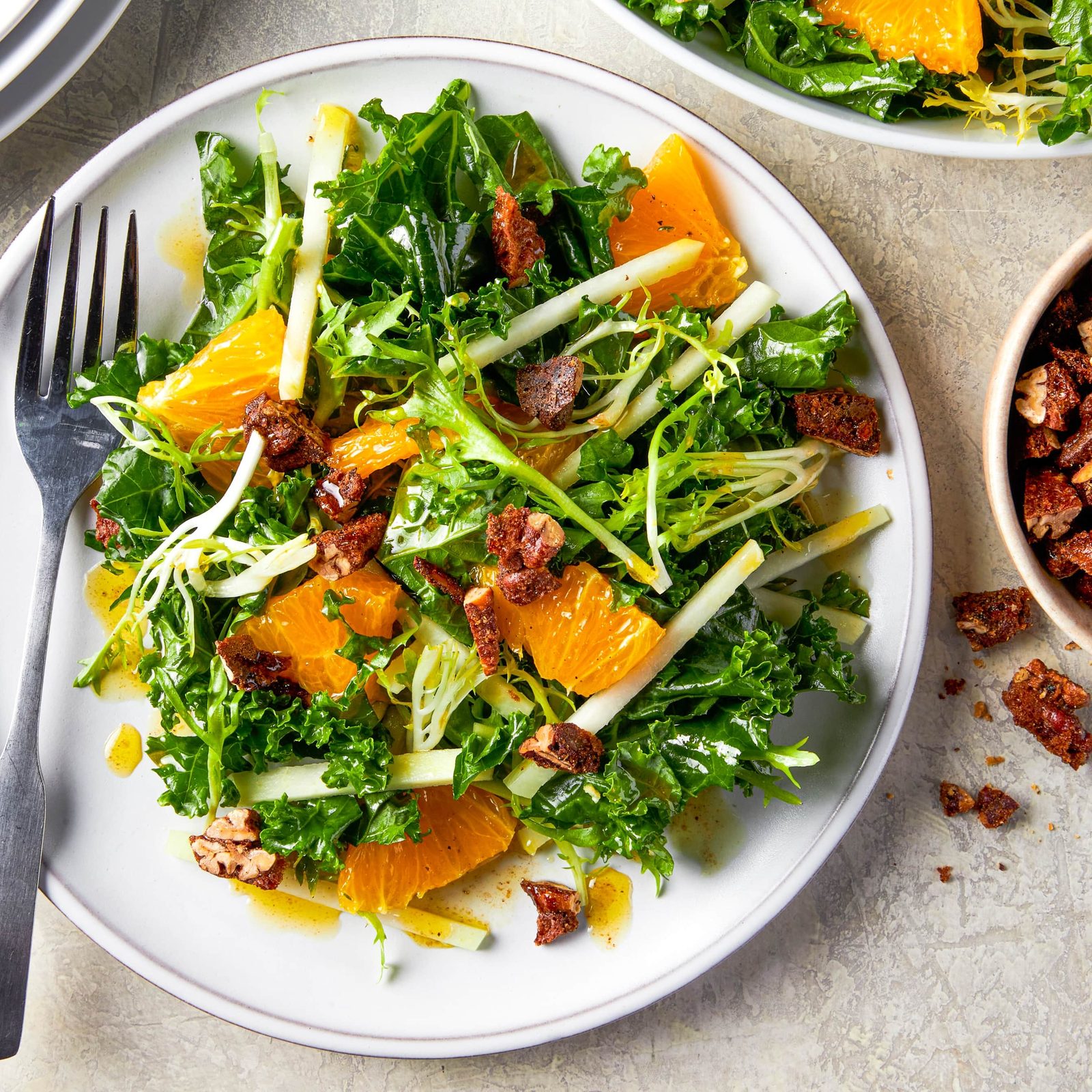 Kale Salad with Kohlrabi, Orange, and Candied Pecans