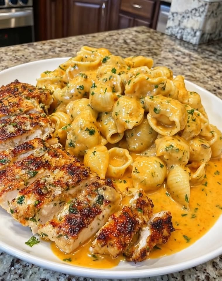 Baked Garlic Butter Chicken Shells with Three-Cheese Sauce