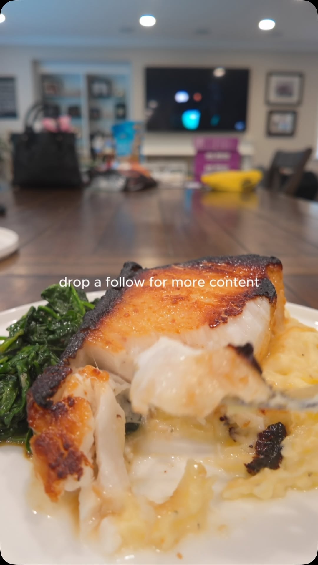 Miso Glazed Chilean Sea Bass with Mashed Potatoes and Sautéed Spinach