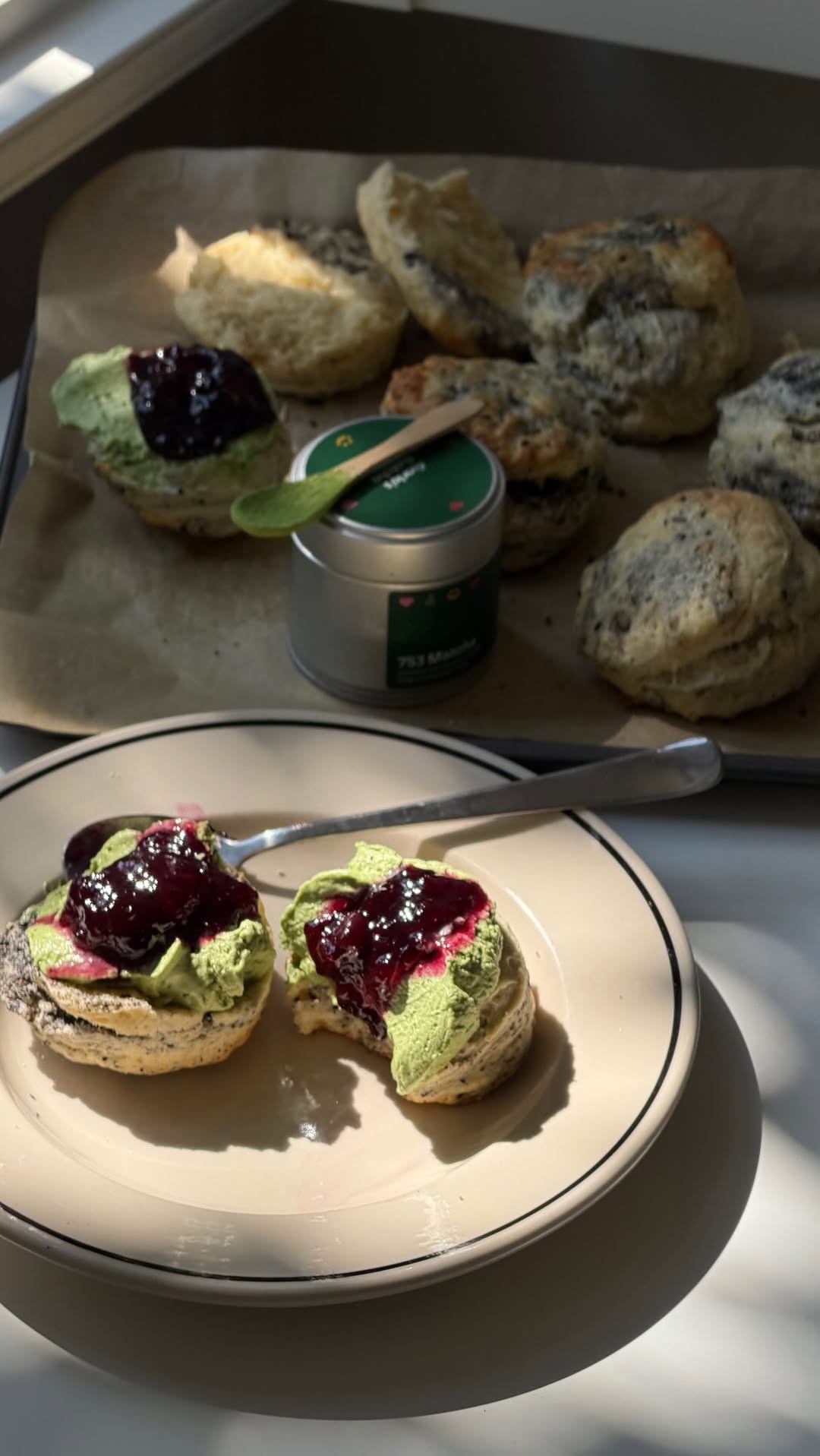 Black Sesame Scones with Honey Matcha Whipped Cream