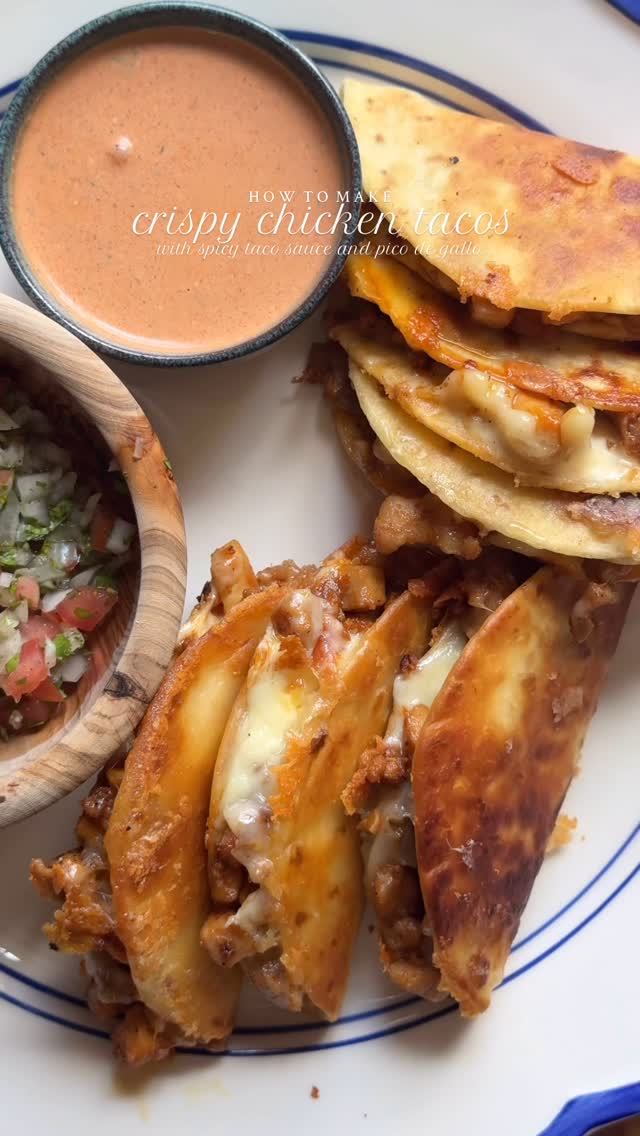Crispy Chicken Tacos with Spicy Taco Sauce and Pico de Gallo