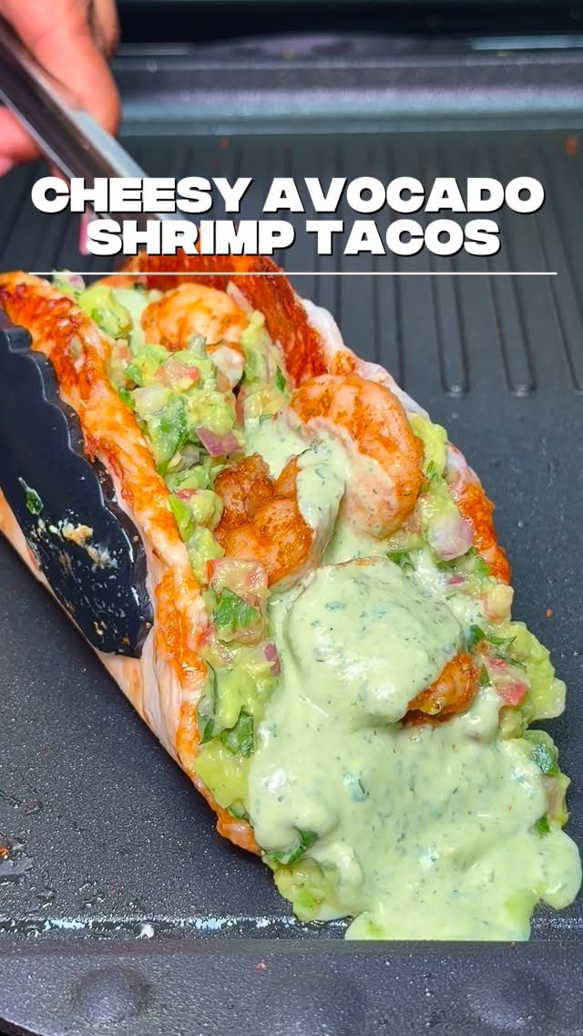 Grilled Shrimp Tacos with Avocado, Mozzarella, and Cilantro Dressing