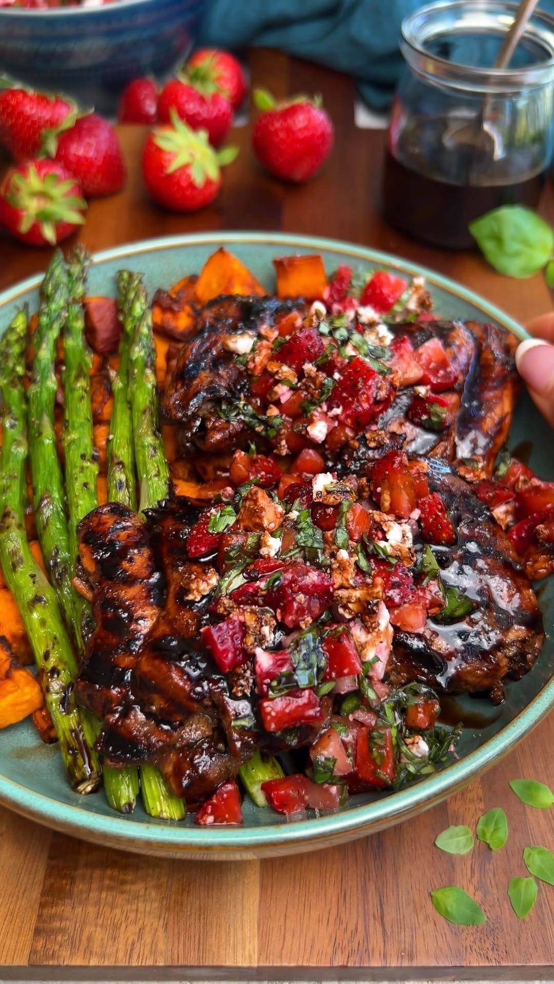 Grilled Balsamic Chicken with Strawberries & Feta, Asparagus, and Sweet Potatoes