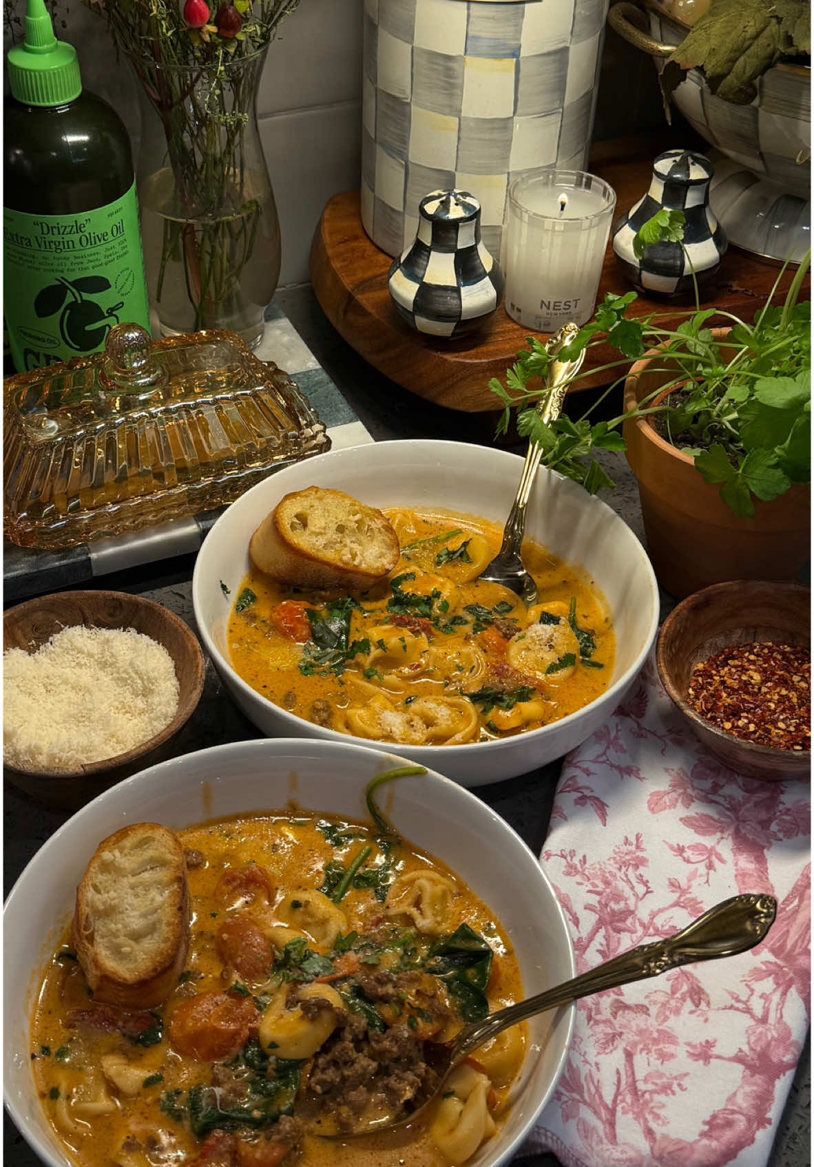 Creamy Tortellini Soup with Ground Beef and Sun-Dried Tomatoes