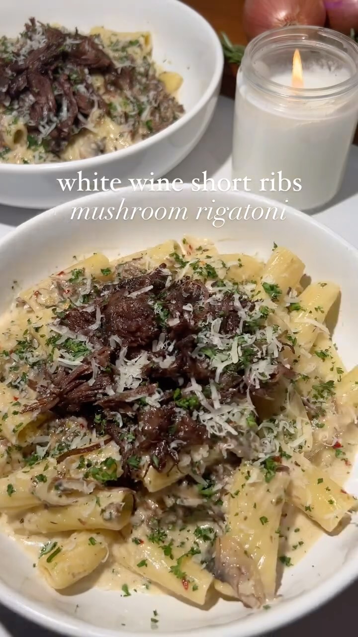 White Wine Braised Short Ribs with Creamy Mushroom Rigatoni