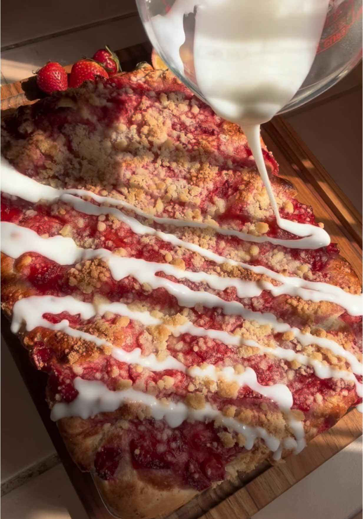 Strawberry Focaccia with Lemon Glaze and Streusel Crumble Topping