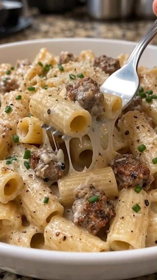 Smoky Beef Chorizo Rigatoni in Parmesan Cream Sauce