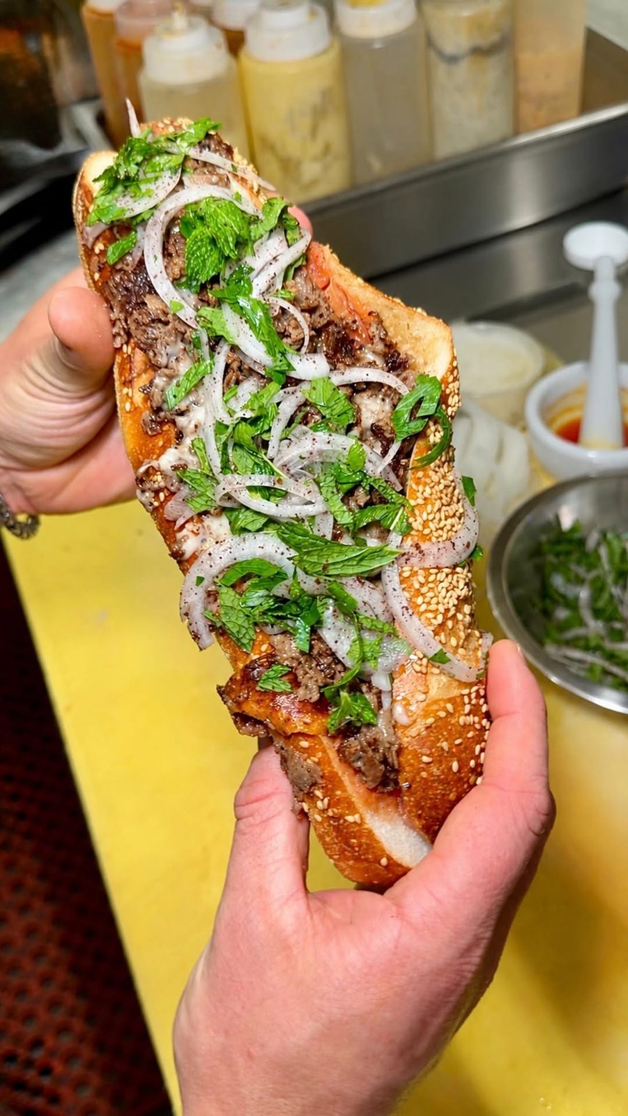 Persian-Inspired Cheesesteak with Sumac Herb Salad and Saffron Aioli