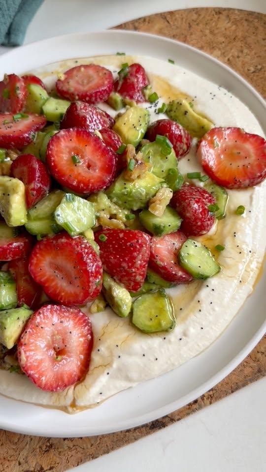 Strawberry Avocado Salad over Whipped White Bean Feta