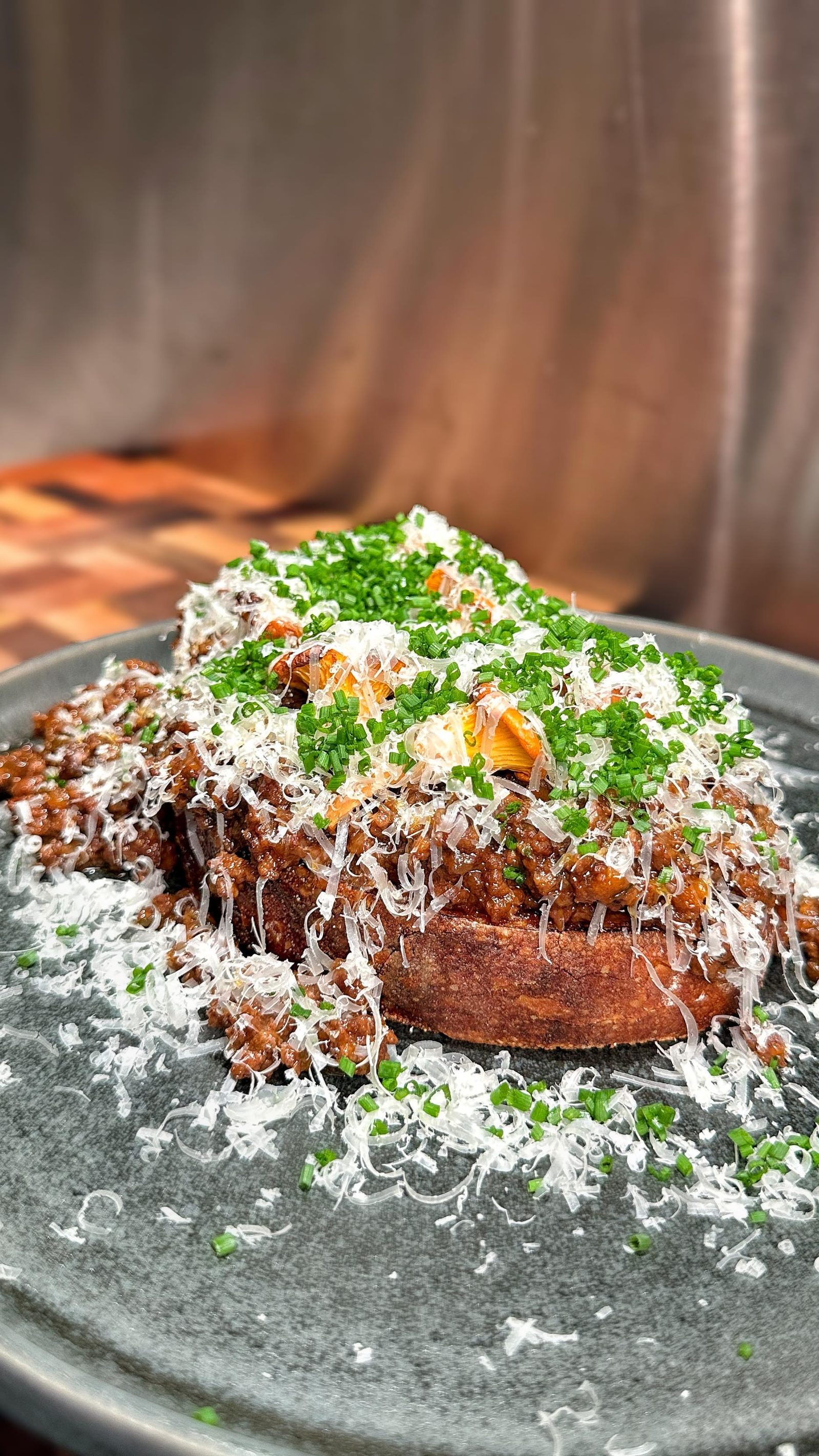 Mince on Toast with Bone Marrow Girolles and Parmigiano