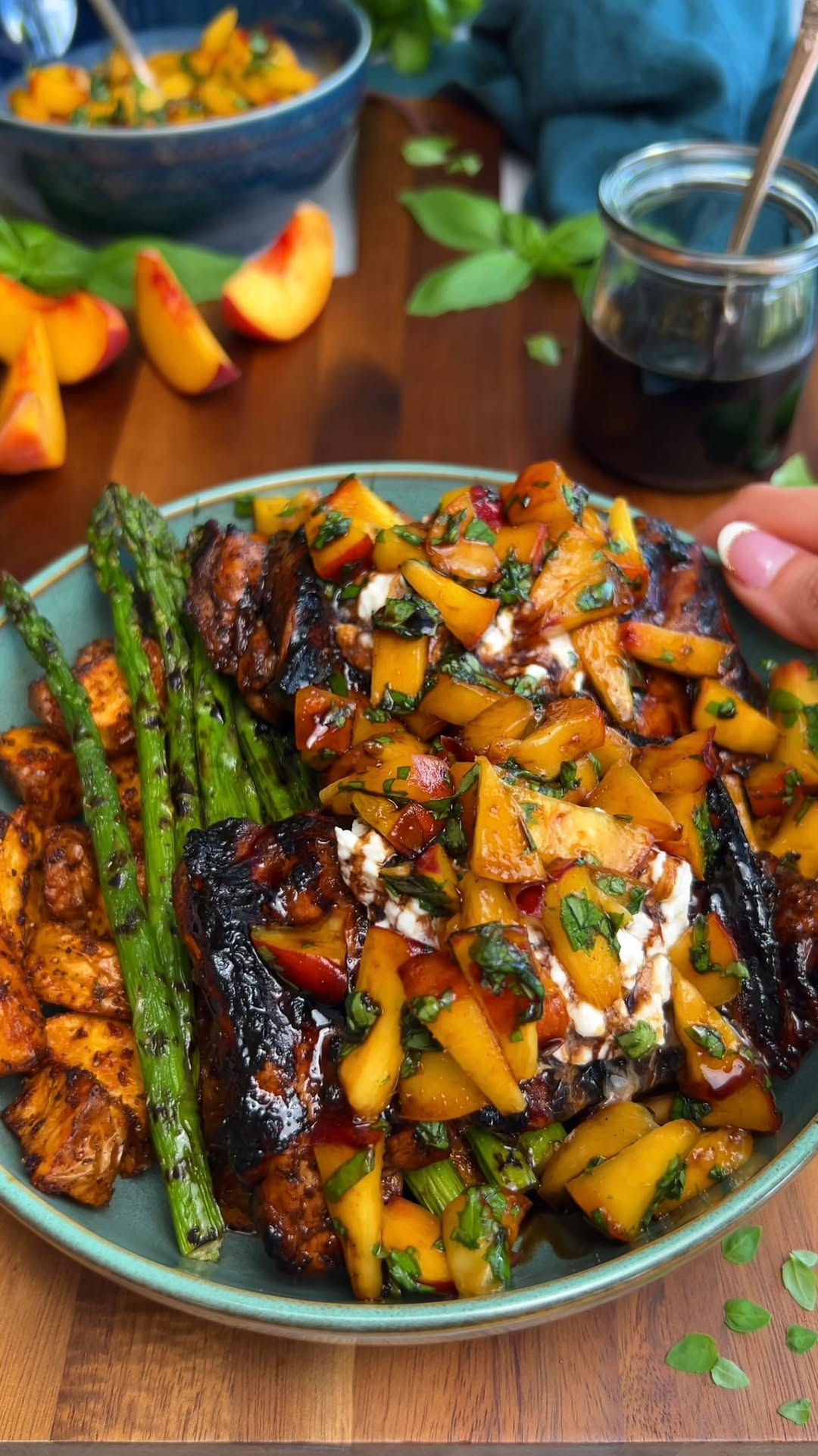 Grilled Balsamic Chicken with Burrata and Peaches