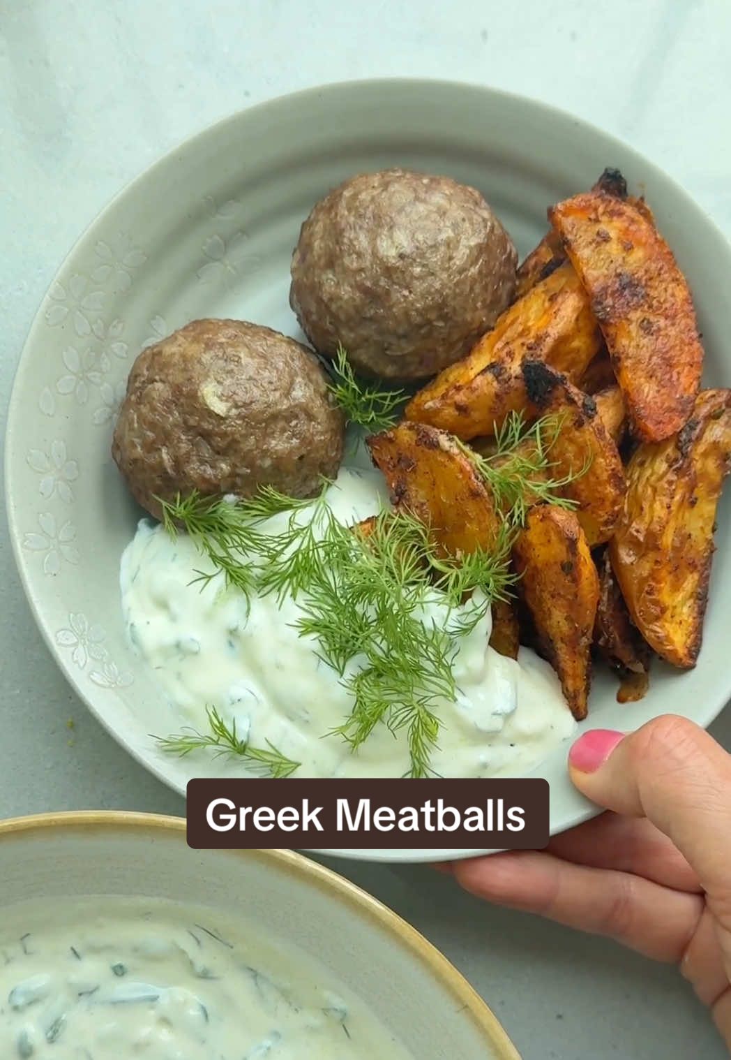 Juicy Feta Meatballs with Roasted Potatoes and Tzatziki