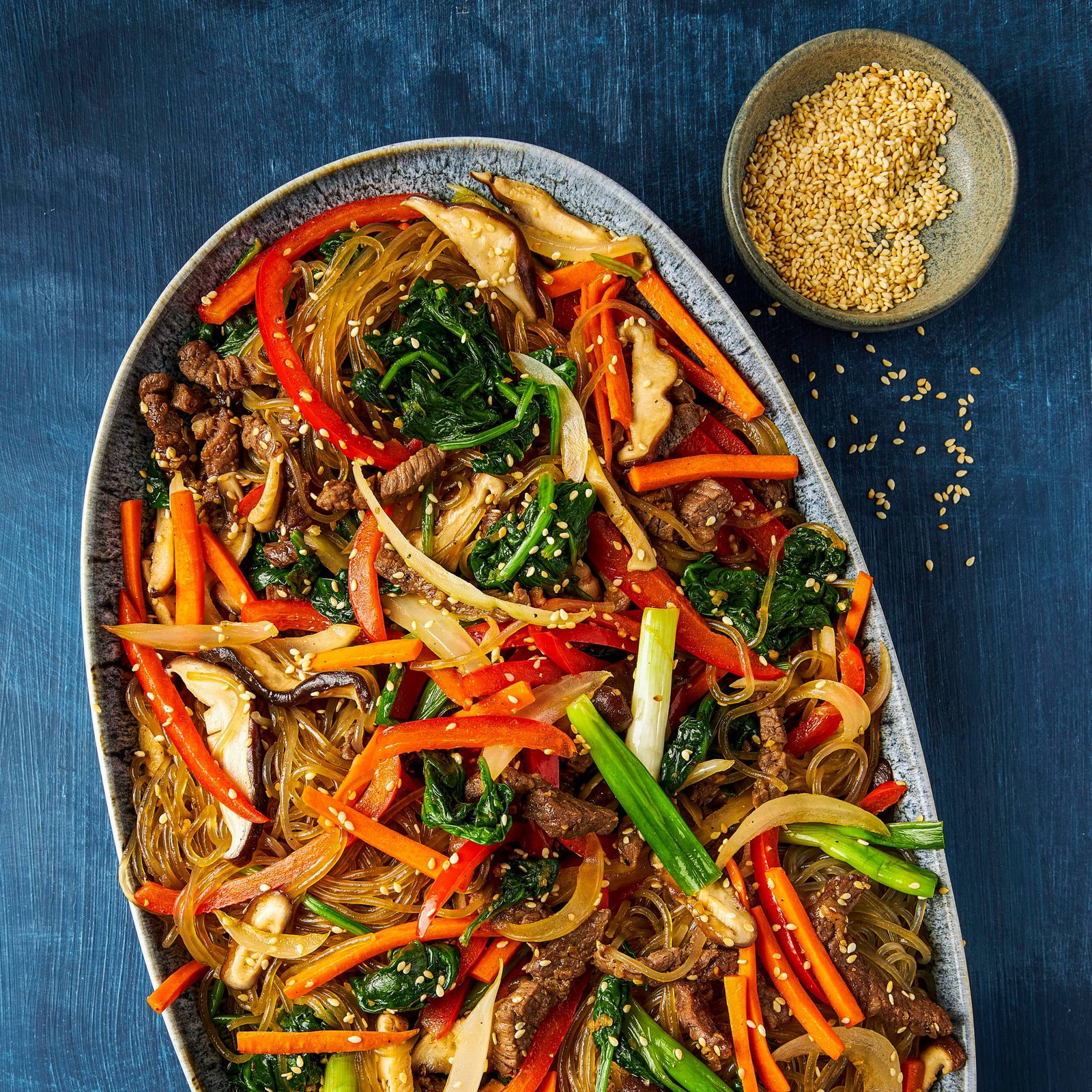 Japchae (Korean Sweet Potato Starch Noodles with Vegetables and Beef)