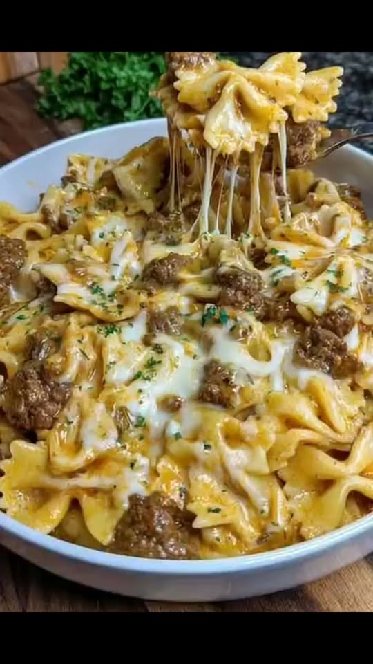 Garlic Butter Beef Bowties in Cheesy Three-Cheese Sauce