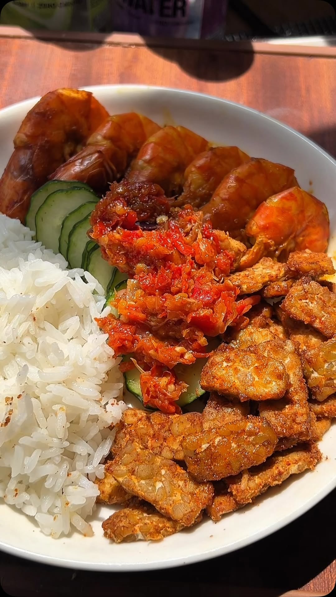 Air Fryer Turmeric Shrimp, Tempeh, and Sambal Meal