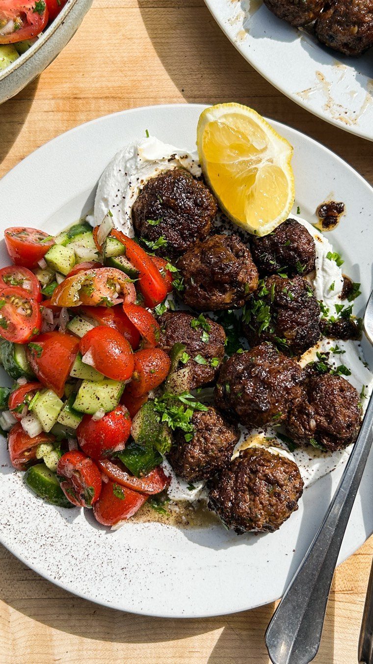 Spiced Lamb Meatballs with Chopped Salad and Labneh