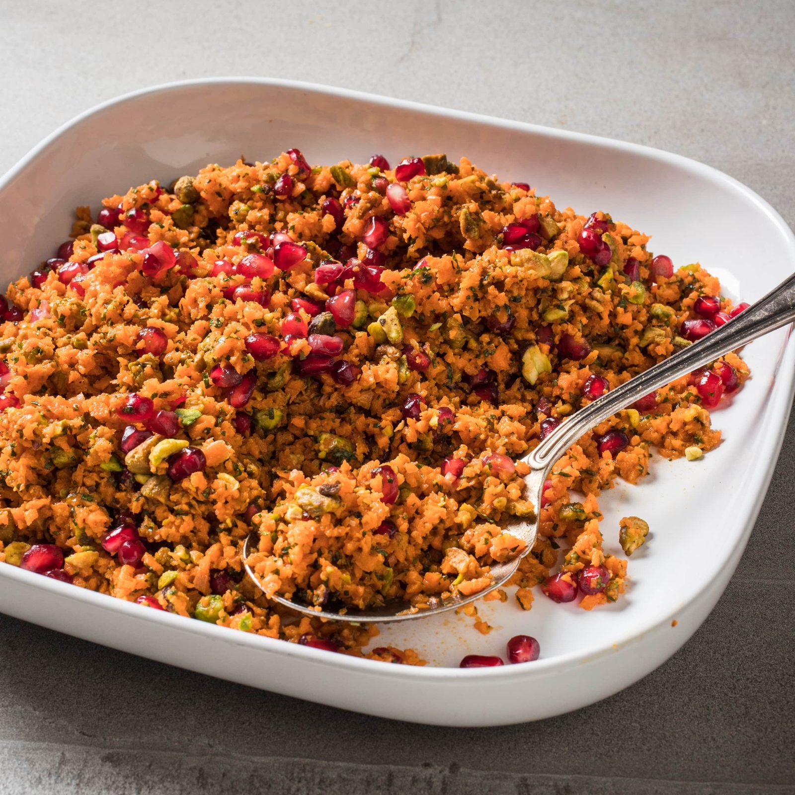 Chopped Carrot Salad with Mint, Pistachios, and Pomegranate Seeds