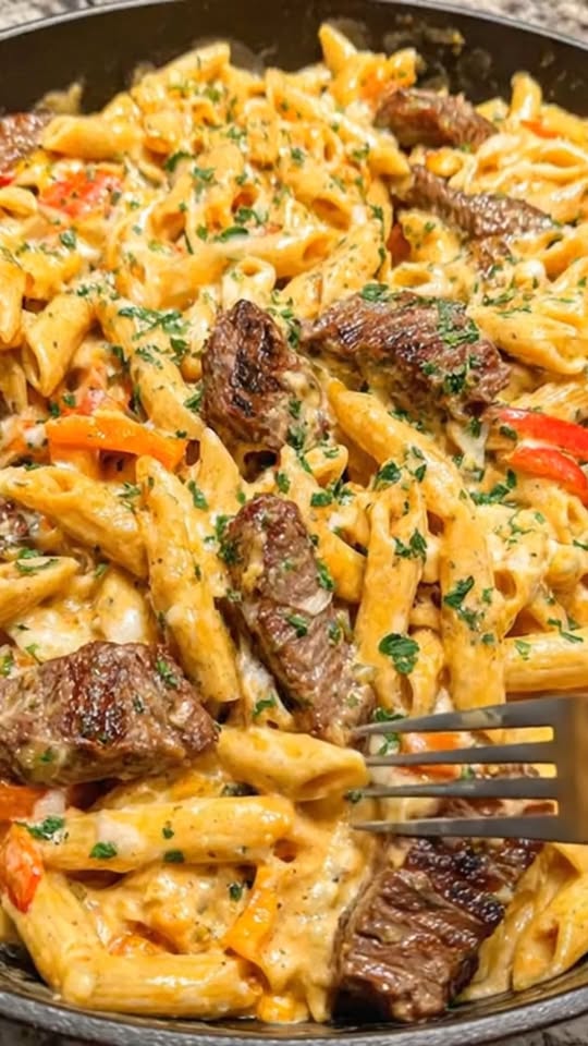 Creamy Steak Penne Pasta (Cheesy Restaurant Style)