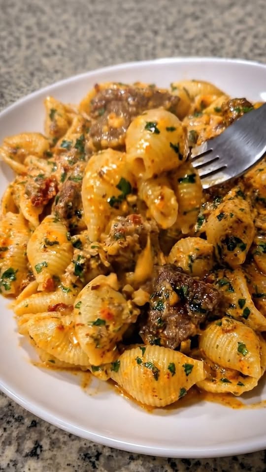 Cowboy Butter Beef Shells in Cheddar Parmesan Cream Sauce