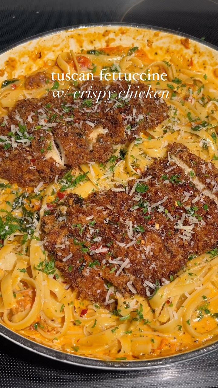 Creamy Tuscan Fettuccine with Parmesan Crusted Crispy Chicken
