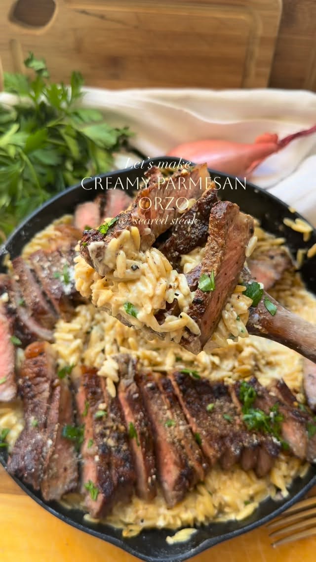 Garlic Parmesan Orzo with Seared Steak